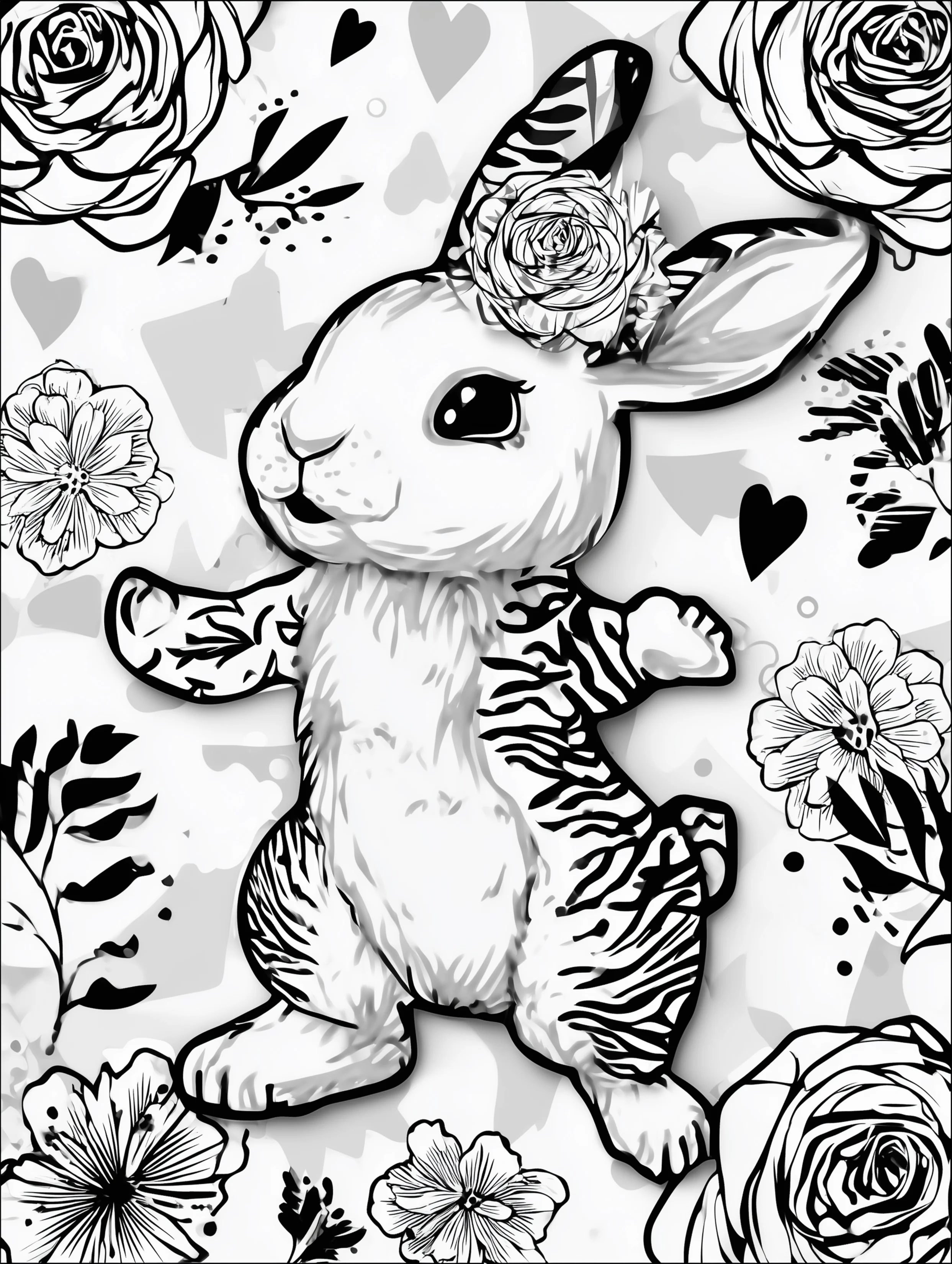 Free printable rabbit coloring page for adults featuring a dancing bunny